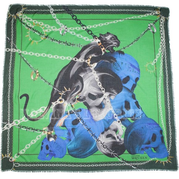 ALEXANDER MCQUEEN SCARF CHAINED PANTHER SKULLS SILK MODAL LOGO SQUARE 54" - Picture 2 of 16